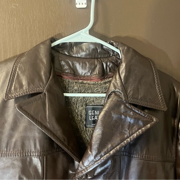 Vintage Genuine Leather Jacket Chocolate Brown Button Up Faux Fur Lining - Picture 3 of 9
